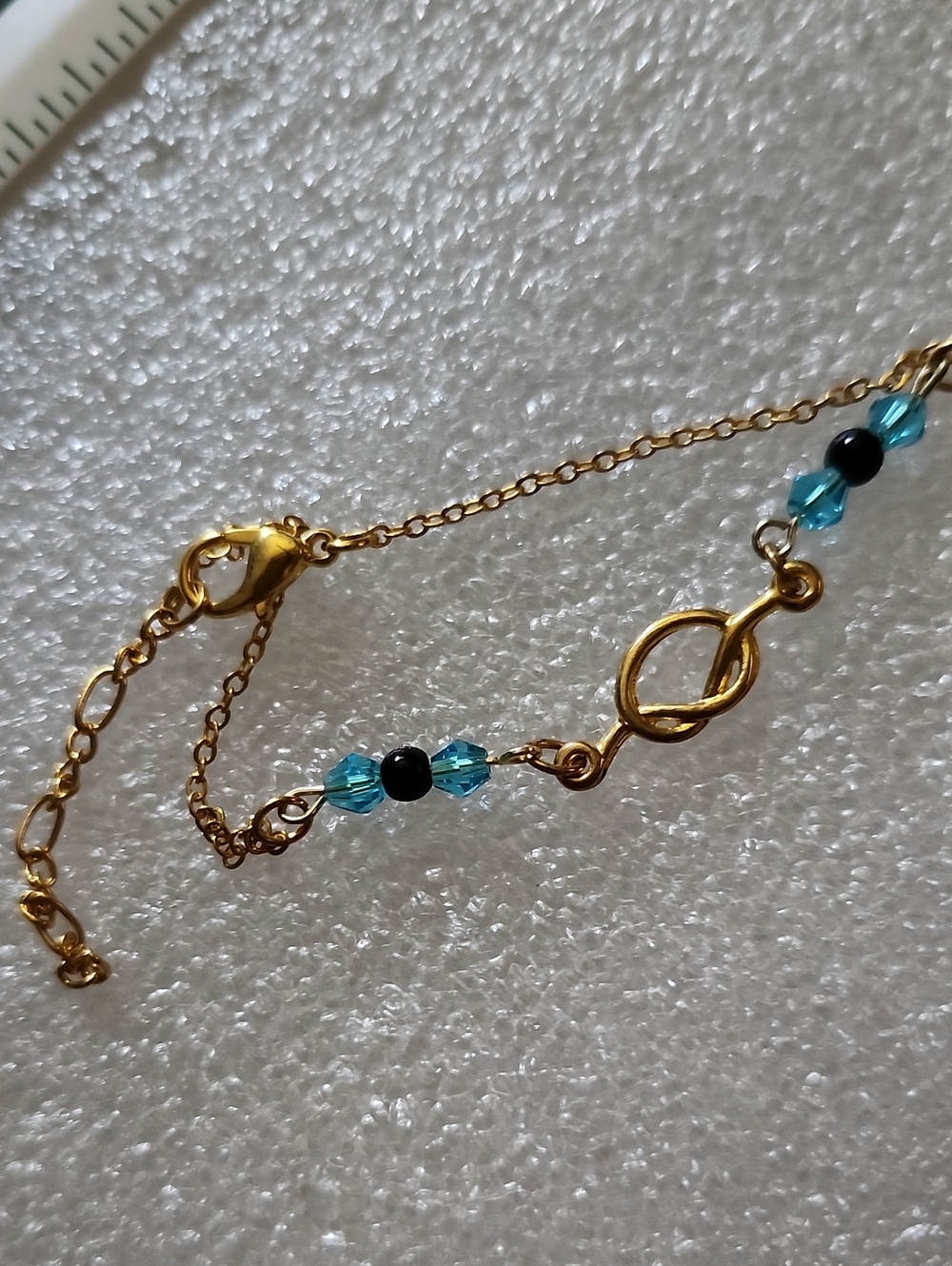 Hand Crafted Gold-Tone Bracelet / Anklet with Blue Crystal & Black Beads